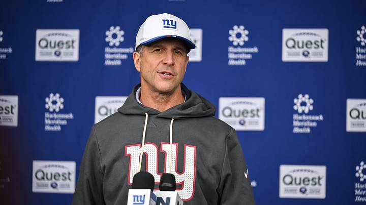 May 9, 2026; East Rutherford, NJ, USA; New York Giants head coach Jim Harbaugh  Mandatory Credit: John Jones-Imagn Images