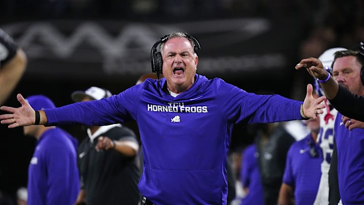 TCU head coach Sonny Dykes yells to an official during a game against Arizona State at Mountain America Stadium in Tempe on Sept. 26, 2025.