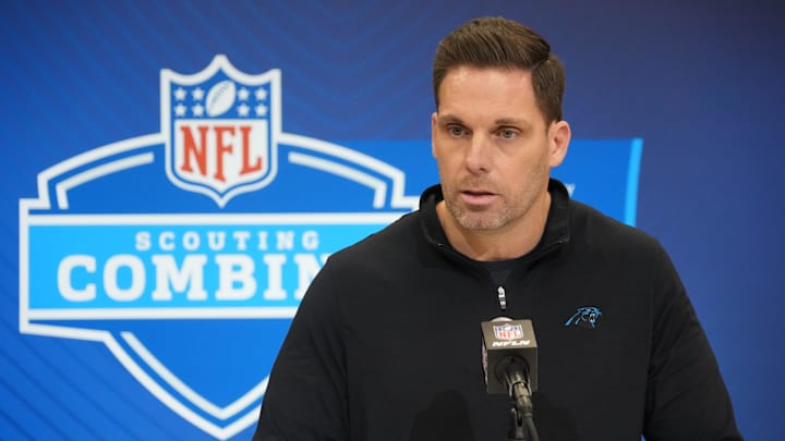 Feb 25, 2025; Indianapolis, IN, USA; Carolina Panthers general manager Dan Morgan speaks during the NFL Scouting Combine at the Indiana Convention Center. Mandatory Credit: Kirby Lee-Imagn Images Feb 25, 2025; Indianapolis, IN, USA; Carolina Panthers general manager Dan Morgan speaks during the NFL Scouting Combine at the Indiana Convention Center. Mandatory Credit: Kirby Lee-Imagn Images