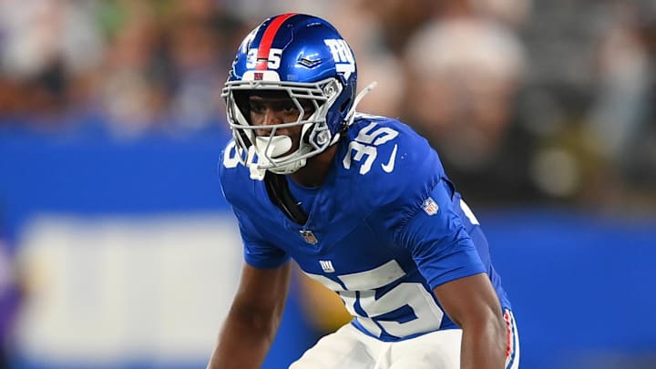 Aug 16, 2025; East Rutherford, New Jersey, USA; New York Giants cornerback Art Green (35) in action against the New York Jets during the second half at MetLife Stadium.  