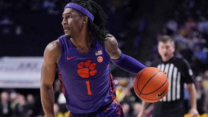 Feb 18, 2026; Winston-Salem, North Carolina, USA; Clemson Tigers guard Jestin Porter (1) dribbles the ball during the second half against the Wake Forest Demon Deacons at Lawrence Joel Veterans Memorial Coliseum. Mandatory Credit: Jim Dedmon-Imagn Images Feb 18, 2026; Winston-Salem, North Carolina, USA; Clemson Tigers guard Jestin Porter (1) dribbles the ball during the second half against the Wake Forest Demon Deacons at Lawrence Joel Veterans Memorial Coliseum. Mandatory Credit: Jim Dedmon-Imagn Images