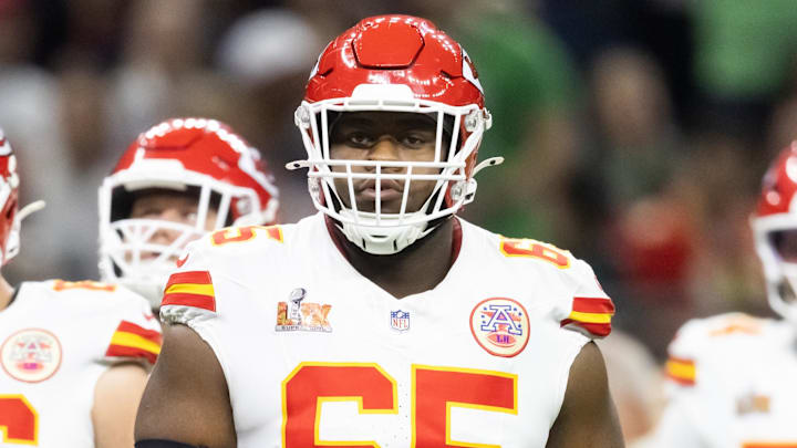 Feb 9, 2025; New Orleans, LA, USA;  Kansas City Chiefs guard Trey Smith (65) against the Philadelphia Eagles in Super Bowl LIX at Ceasars Superdome. Mandatory Credit: Mark J. Rebilas-Imagn Images