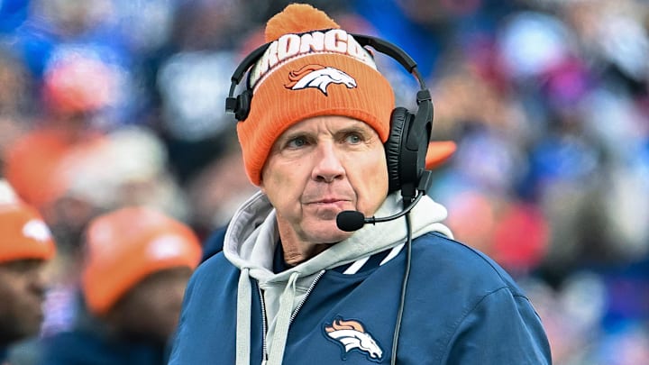Jan 12, 2025; Orchard Park, New York, USA; Denver Broncos head coach Sean Payton on the sidelines in the fourth quarter of an AFC wild card game against the Buffalo Bills at Highmark Stadium. Mandatory Credit: Mark Konezny-Imagn Images