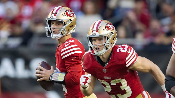 San Francisco 49ers quarterback Brock Purdy (13) and running back Christian McCaffrey (23)