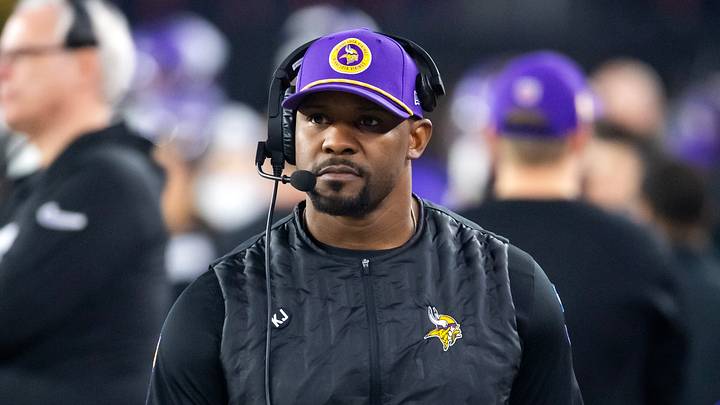 Jan 13, 2025; Glendale, AZ, USA; Minnesota Vikings defensive coordinator Brian Flores against the Los Angeles Rams during an NFC wild card game at State Farm Stadium. Mandatory Credit: Mark J. Rebilas-Imagn Images