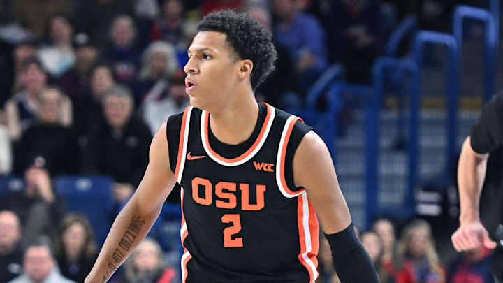 Jan 28, 2025; Spokane, Washington, USA; Oregon State Beavers guard Josiah Lake II (2) controls the ball against the Gonzaga Bulldogs in the first half at McCarthey Athletic Center. Mandatory Credit: James Snook-Imagn Images