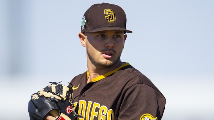 Mar 15, 2022; Peoria, AZ, USA; San Diego Padres pitcher Kevin Kopps during spring training workouts at the San Diego Padres Spring Training Complex. Mandatory Credit: Mark J. Rebilas-Imagn Images