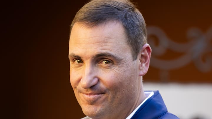 Nov 7, 2023; Scottsdale, AZ, USA; Texas Rangers general manager Chris Young speaks to the media during the MLB General Manager's Meetings at Omni Scottsdale Resort & Spa. Mandatory Credit: Mark J. Rebilas-Imagn Images