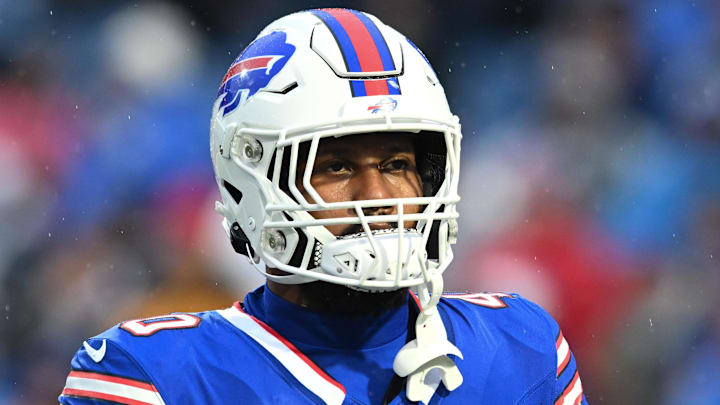 Bills linebacker Von Miller warms up before a game against the Dallas Cowboys at Highmark Stadium in 2023.