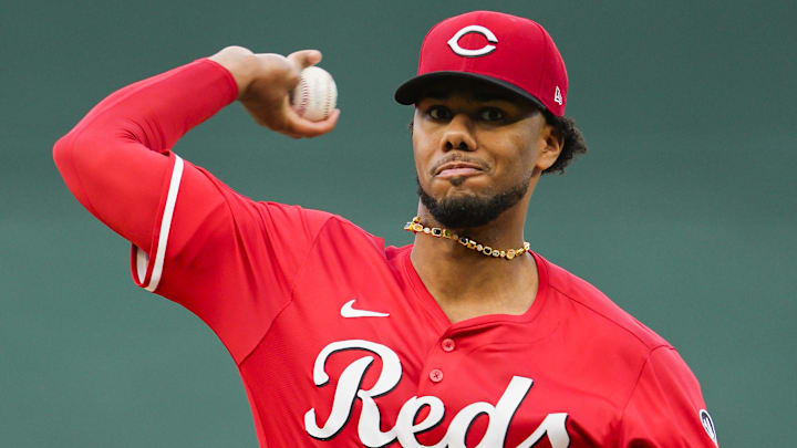 May 28, 2025; Kansas City, Missouri, USA; Cincinnati Reds starting pitcher Hunter Greene (21) pitches during the first inning against the Kansas City Royals at Kauffman Stadium. Mandatory Credit: Jay Biggerstaff-Imagn Images
