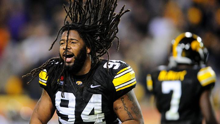 Dec. 28, 2010; Tempe, AZ, USA; Iowa Hawkeyes defensive lineman (94) Adrian Clayborn celebrates in the closing seconds of the game against the Missouri Tigers in the 2010 Insight Bowl at Sun Devil Stadium. Iowa defeated Missouri 27-24. Mandatory Credit: Mark J. Rebilas-Imagn Images Dec. 28, 2010; Tempe, AZ, USA; Iowa Hawkeyes defensive lineman (94) Adrian Clayborn celebrates in the closing seconds of the game against the Missouri Tigers in the 2010 Insight Bowl at Sun Devil Stadium. Iowa defeated Missouri 27-24. Mandatory Credit: Mark J. Rebilas-Imagn Images