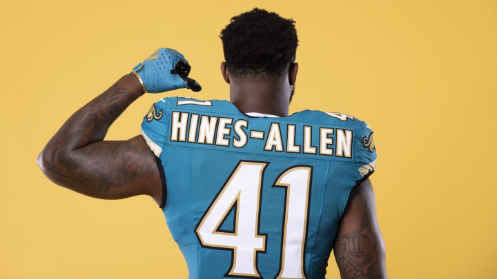 Josh Hines-Allen in the Jacksonville Jaguars throwback jerseys.