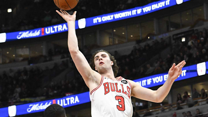 Dec 2, 2024; Chicago, Illinois, USA; Chicago Bulls guard Josh Giddey (3) shoots against the Brooklyn Nets during the first half at the United Center. Dec 2, 2024; Chicago, Illinois, USA; Chicago Bulls guard Josh Giddey (3) shoots against the Brooklyn Nets during the first half at the United Center.