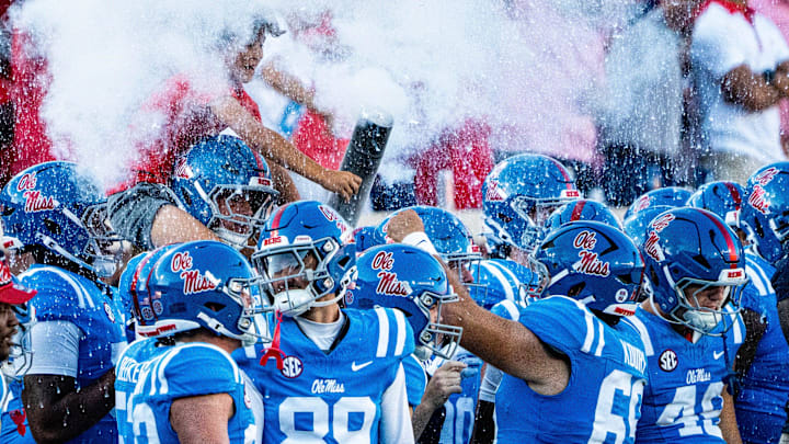 Ole Miss players celebrate on the sidelines during a college football game between Ole Miss and LSU at Vaught-Hemingway Stadium in Oxford, Miss., on Saturday, Sept. 27, 2025. Ole Miss defeated LSU 24-19.