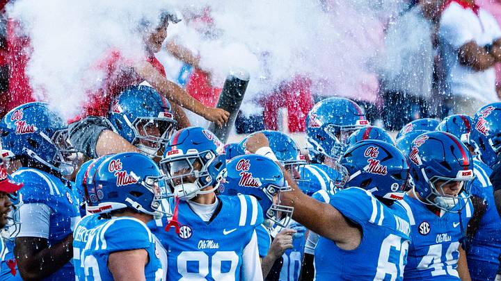 Ole Miss players celebrate on the sidelines during a college football game between Ole Miss and LSU at Vaught-Hemingway Stadium in Oxford, Miss., on Saturday, Sept. 27, 2025. Ole Miss defeated LSU 24-19. Ole Miss players celebrate on the sidelines during a college football game between Ole Miss and LSU at Vaught-Hemingway Stadium in Oxford, Miss., on Saturday, Sept. 27, 2025. Ole Miss defeated LSU 24-19.