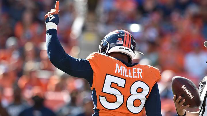Sep 29, 2019; Denver, CO, USA; Denver Broncos outside linebacker Von Miller (58) celebrates his 100th career sack at Empower Field at Mile High. Sep 29, 2019; Denver, CO, USA; Denver Broncos outside linebacker Von Miller (58) celebrates his 100th career sack at Empower Field at Mile High.