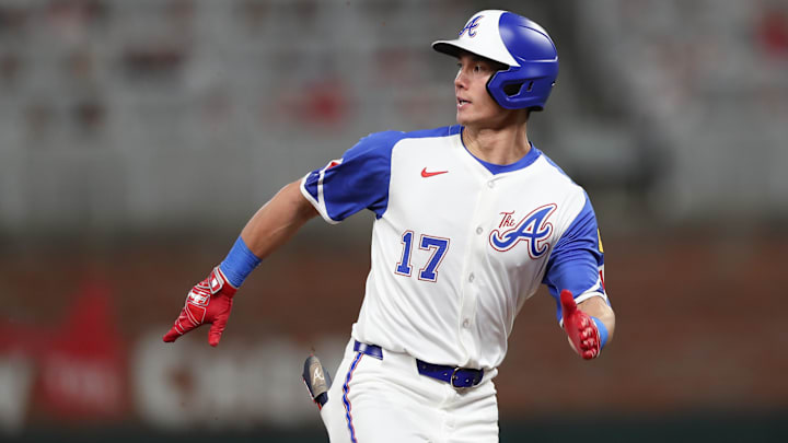 Apr 5, 2025: Atlanta Braves outfielder Stuart Fairchild (17) hits a triple against the Miami Marlins in the eighth inning at Truist Park. Apr 5, 2025: Atlanta Braves outfielder Stuart Fairchild (17) hits a triple against the Miami Marlins in the eighth inning at Truist Park.