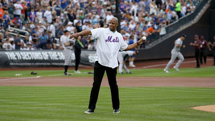 Jul 26, 2022; New York City, New York, USA; Former New York Mets player Darryl Strawberry throws out the ceremonial first pitch before a game against the New York Yankees at Citi Field.