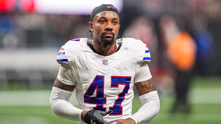 Oct 13, 2025; Atlanta, Georgia, USA; Buffalo Bills cornerback Christian Benford (47) on the field against the Atlanta Falcons at Mercedes-Benz Stadium. Oct 13, 2025; Atlanta, Georgia, USA; Buffalo Bills cornerback Christian Benford (47) on the field against the Atlanta Falcons at Mercedes-Benz Stadium.
