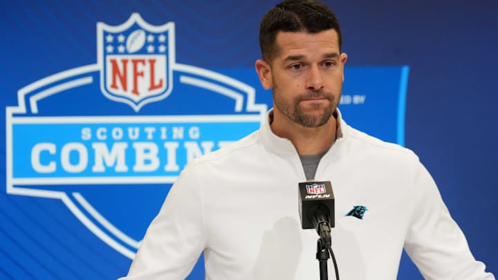 Feb 25, 2025; Indianapolis, IN, USA; Carolina Panthers coach Dave Canales speaks during the NFL Scouting Combine at the Indiana Convention Center. Feb 25, 2025; Indianapolis, IN, USA; Carolina Panthers coach Dave Canales speaks during the NFL Scouting Combine at the Indiana Convention Center.