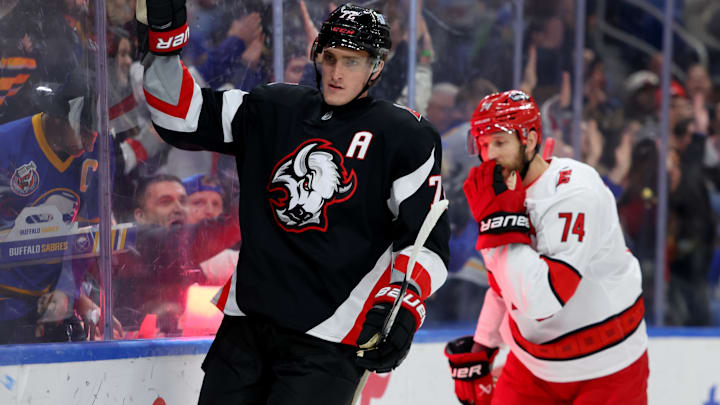 Apr 8, 2025; Buffalo, New York, USA;  Buffalo Sabres center Tage Thompson (72) reacts after scoring a goal during the second period against the Carolina Hurricanes at KeyBank Center. Mandatory Credit: Timothy T. Ludwig-Imagn Images