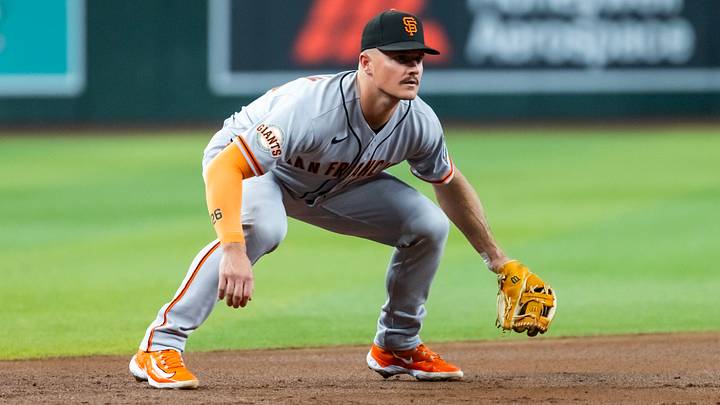 San Francisco Giants third baseman Matt Chapman readies himself at third base. San Francisco Giants third baseman Matt Chapman readies himself at third base.