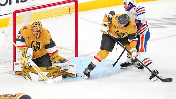 Mar 26, 2026; Las Vegas, Nevada, USA; Vegas Golden Knights defenseman Brayden McNabb (3) checks Edmonton Oilers center Matt Savoie (22) as goaltender Adin Hill (33) makes a save during the third period at T-Mobile Arena. Mandatory Credit: Stephen R. Sylvanie-Imagn Images Mar 26, 2026; Las Vegas, Nevada, USA; Vegas Golden Knights defenseman Brayden McNabb (3) checks Edmonton Oilers center Matt Savoie (22) as goaltender Adin Hill (33) makes a save during the third period at T-Mobile Arena. Mandatory Credit: Stephen R. Sylvanie-Imagn Images