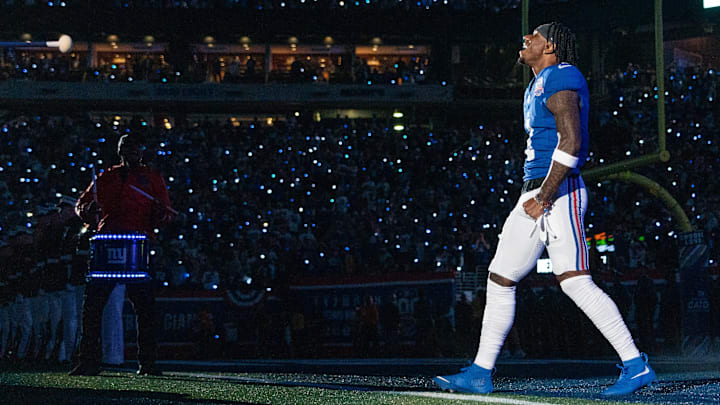 Sep 26, 2024; East Rutherford, NJ, US; New York Giants wide receiver Malik Nabers (1) walks onto the field prior to the start of the game at MetLife Stadium. Mandatory Credit: Julian Guadalupe-NorthJersey.com