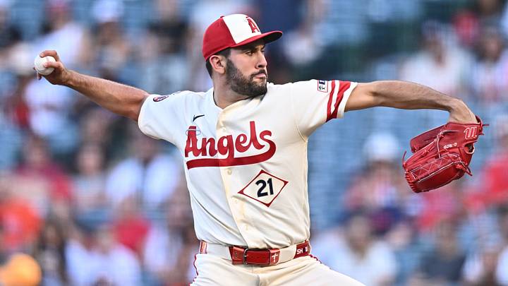 Jul 29, 2026; Anaheim, California, USA; Los Angeles Angels pitcher Grayson Rodriguez (21) delivers during the first inning against the Houston Astros at Angel Stadium. Mandatory Credit: William Liang-Imagn Images