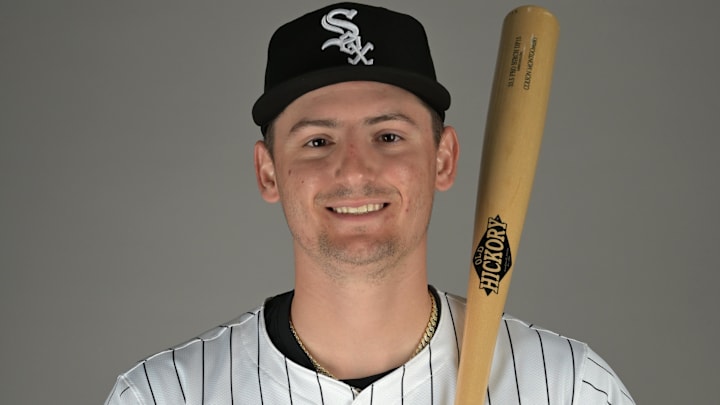 Chicago White Sox shortstop Colson Montgomery (83) poses for a photo on media day at the team’s spring training facility in Glendale, Ariz., on Feb. 20, 2025.