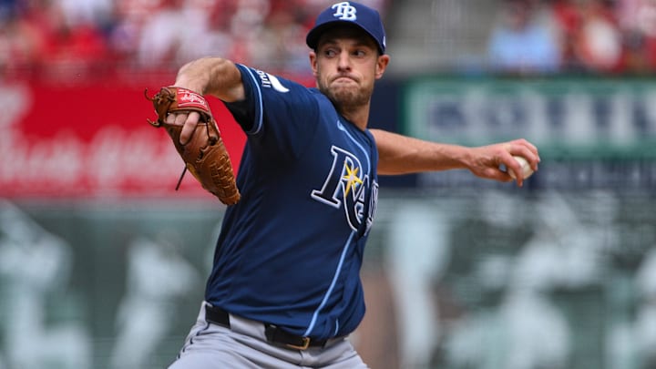 Mar 29, 2026; St. Louis, Missouri, USA; Tampa Bay Rays starting pitcher Steven Matz (32) pitches against the St. Louis Cardinals during the second inning at Busch Stadium. Mar 29, 2026; St. Louis, Missouri, USA; Tampa Bay Rays starting pitcher Steven Matz (32) pitches against the St. Louis Cardinals during the second inning at Busch Stadium.