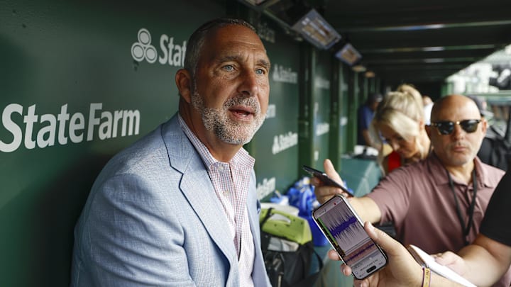 Jul 4, 2025; Chicago, Illinois, USA; St. Louis Cardinals president of baseball operations John Mozeliak speaks before a baseball game against the Chicago Cubs at Wrigley Field. Mandatory Credit: Kamil Krzaczynski-Imagn Images