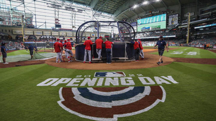 Apr 18, 2022; Houston, Texas, USA; An opening day logo is visible on the field as the Los Angeles Apr 18, 2022; Houston, Texas, USA; An opening day logo is visible on the field as the Los Angeles