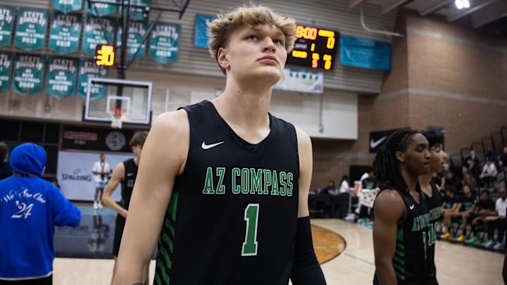 Jan 3, 2025; Gilbert, AZ, USA; Arizona Compass Prep forward Miikka Muurinen (1) against CIA Bella Vista (AZ) during the Hoophall West High School Invitational at Highland High School. Mandatory Credit: Mark J. Rebilas-Imagn Images