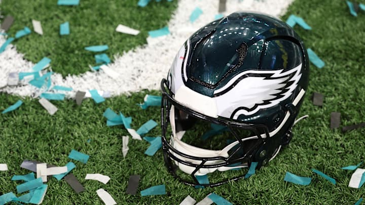 Feb 9, 2025; New Orleans, LA, USA; A Philadelphia Eagles player's helmet rests on the field after Super Bowl LIX against the Kansas City Chiefs at Caesars Superdome. Mandatory Credit: Geoff Burke-Imagn Images Feb 9, 2025; New Orleans, LA, USA; A Philadelphia Eagles player's helmet rests on the field after Super Bowl LIX against the Kansas City Chiefs at Caesars Superdome. Mandatory Credit: Geoff Burke-Imagn Images