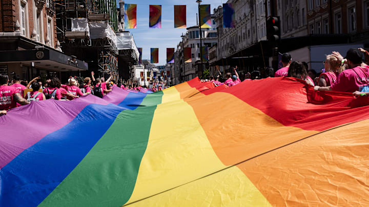 The rainbow flag bearers are marching through Piccadilly...
