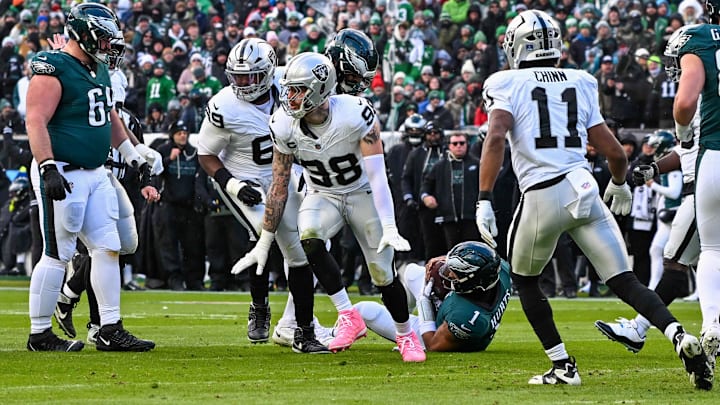 Dec 14, 2025; Philadelphia, Pennsylvania, USA; Las Vegas Raiders defensive end Maxx Crosby (98) celebrates his sacks of Philadelphia Eagles quarterback Jalen Hurts (1) during the second quarter at Lincoln Financial Field. Mandatory Credit: Eric Hartline-Imagn Images Dec 14, 2025; Philadelphia, Pennsylvania, USA; Las Vegas Raiders defensive end Maxx Crosby (98) celebrates his sacks of Philadelphia Eagles quarterback Jalen Hurts (1) during the second quarter at Lincoln Financial Field. Mandatory Credit: Eric Hartline-Imagn Images