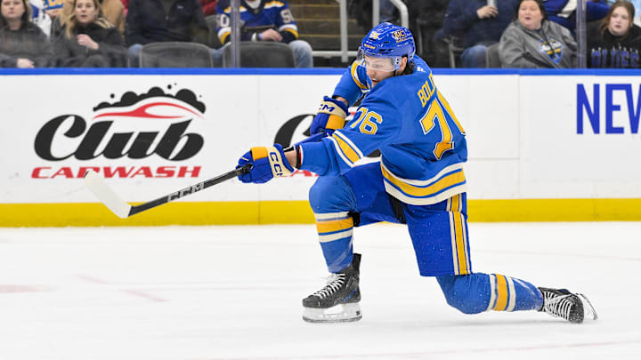 Mar 1, 2025; St. Louis, Missouri, USA;  St. Louis Blues center Zack Bolduc (76) shoots and scores against the Los Angeles Kings during the second period at Enterprise Center. Mandatory Credit: Jeff Curry-Imagn Images
