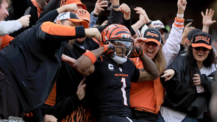 Dec 28, 2025; Cincinnati, Ohio, USA; Cincinnati Bengals wide receiver Ja'Marr Chase (1) celebrates after a touchdown against the Arizona Cardinals during the first half at Paycor Stadium. Mandatory Credit: Katie Stratman-Imagn Images
