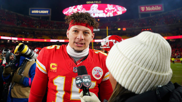 Jan 18, 2025; Kansas City, Missouri, USA; Kansas City Chiefs quarterback Patrick Mahomes (15) is interviewed after defeating the Houston Texans in a 2025 AFC divisional round game at GEHA Field at Arrowhead Stadium. Mandatory Credit: Denny Medley-Imagn Images