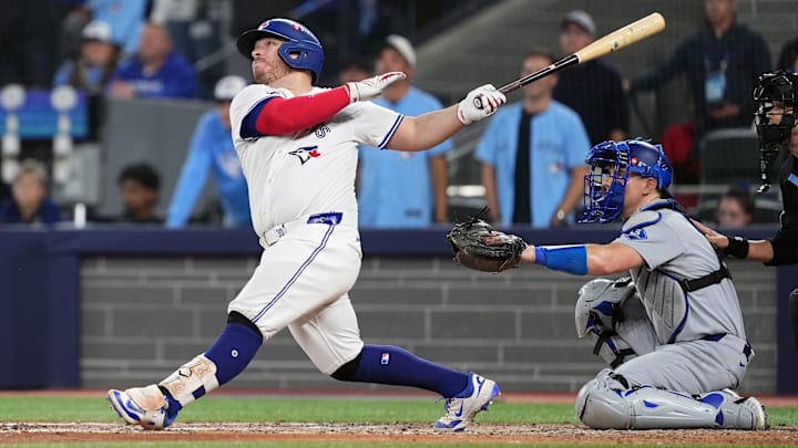 Toronto Blue Jays catcher Alejandro Kirk takes a swing Friday during Game 1 of the 2025 World Series.