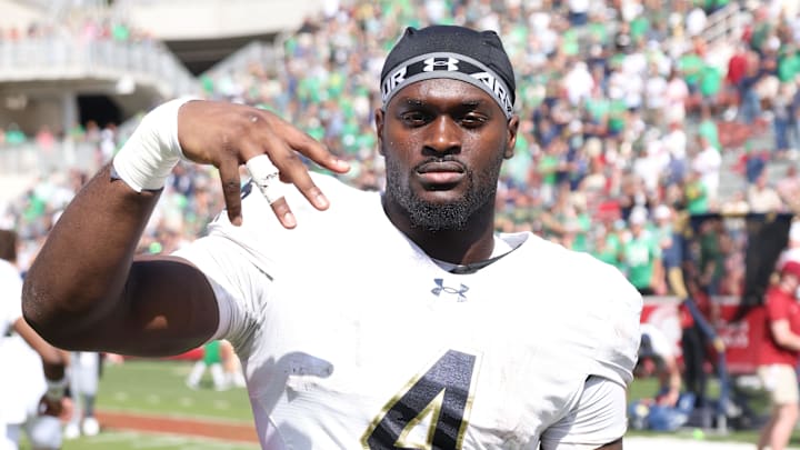 Sep 27, 2025; Fayetteville, Arkansas, USA; Notre Dame Fighting Irish running back Jeremiyah Love (4) after the game against the Arkansas Razorbacks at Donald W. Reynolds Razorback Stadium. Notre Dame won 56-13. Mandatory Credit: Nelson Chenault-Imagn Images