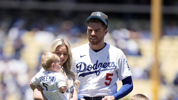 Los Angeles Dodgers first baseman Freddie Freeman (5) with sons Brandon Freeman, Maximus Freeman, Charlie Freeman and wife Chelsea Freeman (Chelsea Goff) before the game against the Cleveland Guardians at Dodger Stadium. Los Angeles Dodgers first baseman Freddie Freeman (5) with sons Brandon Freeman, Maximus Freeman, Charlie Freeman and wife Chelsea Freeman (Chelsea Goff) before the game against the Cleveland Guardians at Dodger Stadium.