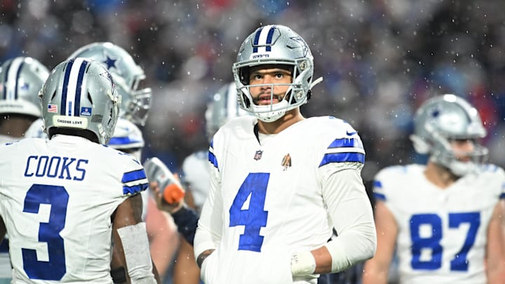 Dec 17, 2023; Orchard Park, New York, USA; Dallas Cowboys quarterback Dak Prescott (4) looks on in