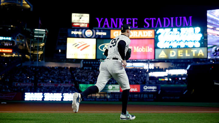 Oct 30, 2024; New York, New York, USA; New York Yankees outfielder Aaron Judge (99) takes the field before game five of the 2024 MLB World Series against the Los Angeles Dodgers at Yankee Stadium. Mandatory Credit: Vincent Carchietta-Imagn Images Oct 30, 2024; New York, New York, USA; New York Yankees outfielder Aaron Judge (99) takes the field before game five of the 2024 MLB World Series against the Los Angeles Dodgers at Yankee Stadium. Mandatory Credit: Vincent Carchietta-Imagn Images