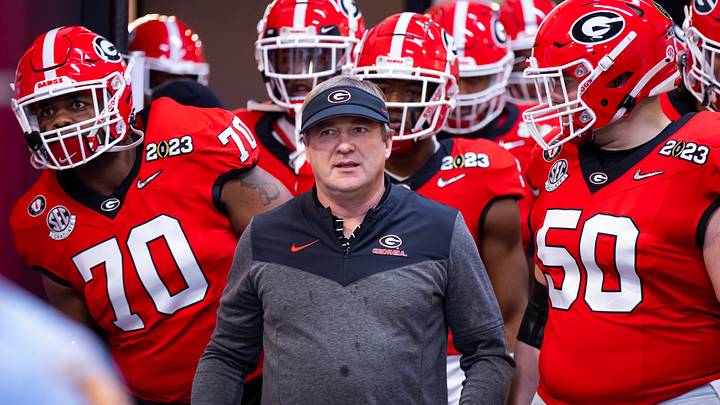 Jan 9, 2023; Inglewood, CA, USA; Georgia Bulldogs head coach Kirby Smart against the TCU Horned Frogs during the CFP national championship game at SoFi Stadium. Mandatory Credit: Mark J. Rebilas-USA TODAY Sports