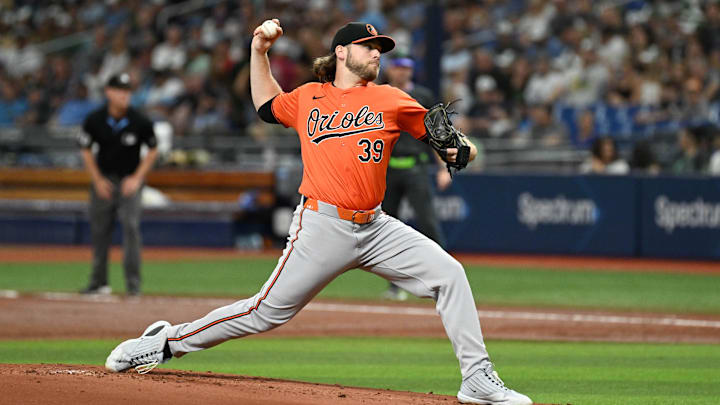 Aug 10, 2024; St. Petersburg, Florida, USA; Baltimore Orioles starting pitcher Corbin Burnes (39) throws a pitch in the first inning against the Tampa Bay Rays at Tropicana Field. Mandatory Credit: Jonathan Dyer-Imagn Images Aug 10, 2024; St. Petersburg, Florida, USA; Baltimore Orioles starting pitcher Corbin Burnes (39) throws a pitch in the first inning against the Tampa Bay Rays at Tropicana Field. Mandatory Credit: Jonathan Dyer-Imagn Images