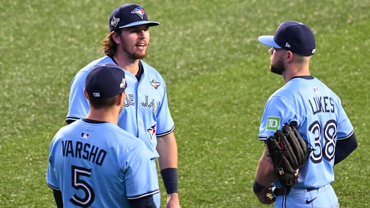 Toronto Blue Jays Daulton Varsho, Addison Barger and Nathan Lukes Toronto Blue Jays Daulton Varsho, Addison Barger and Nathan Lukes