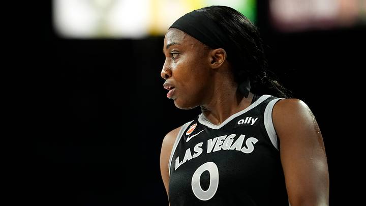 Aug 28, 2026; Las Vegas, Nevada, USA;  Las Vegas Aces guard Jackie Young (0) looks outward during the first quarter of a WNBA basketball game against the Toronto Tempo at Michelob Ultra Arena.  Mandatory Credit: Lucas Peltier-Imagn Images