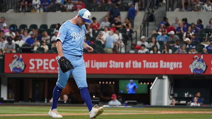 Jun 18, 2025; Arlington, Texas, USA; Kansas City Royals pitcher Kris Bubic (50) walks off the field after being taken out of the game during the sixth inning against the Texas Rangers at Globe Life Field. Mandatory Credit: Raymond Carlin III-Imagn Images Jun 18, 2025; Arlington, Texas, USA; Kansas City Royals pitcher Kris Bubic (50) walks off the field after being taken out of the game during the sixth inning against the Texas Rangers at Globe Life Field. Mandatory Credit: Raymond Carlin III-Imagn Images